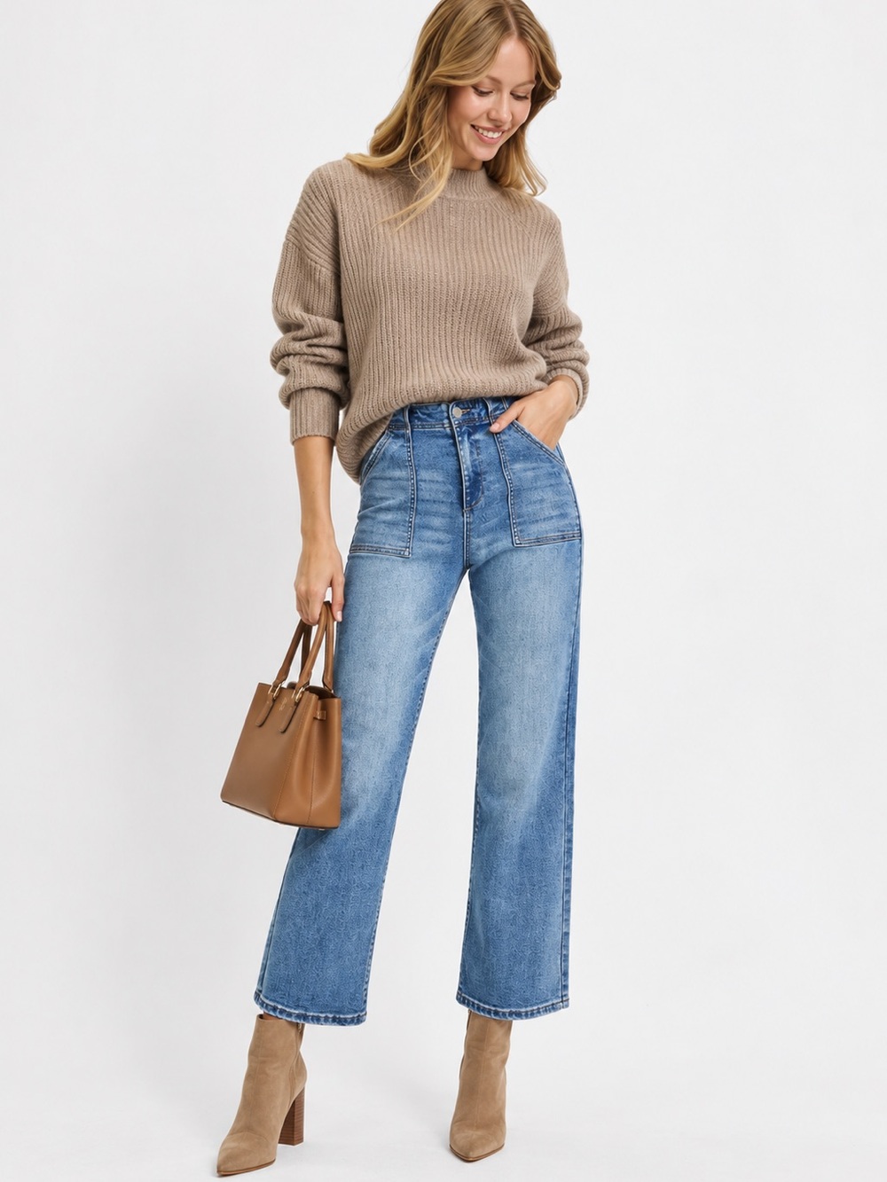 Risen High-Rise Ankle Flare Patch-Pocket Jeans — Medium Blue Sz 1/25